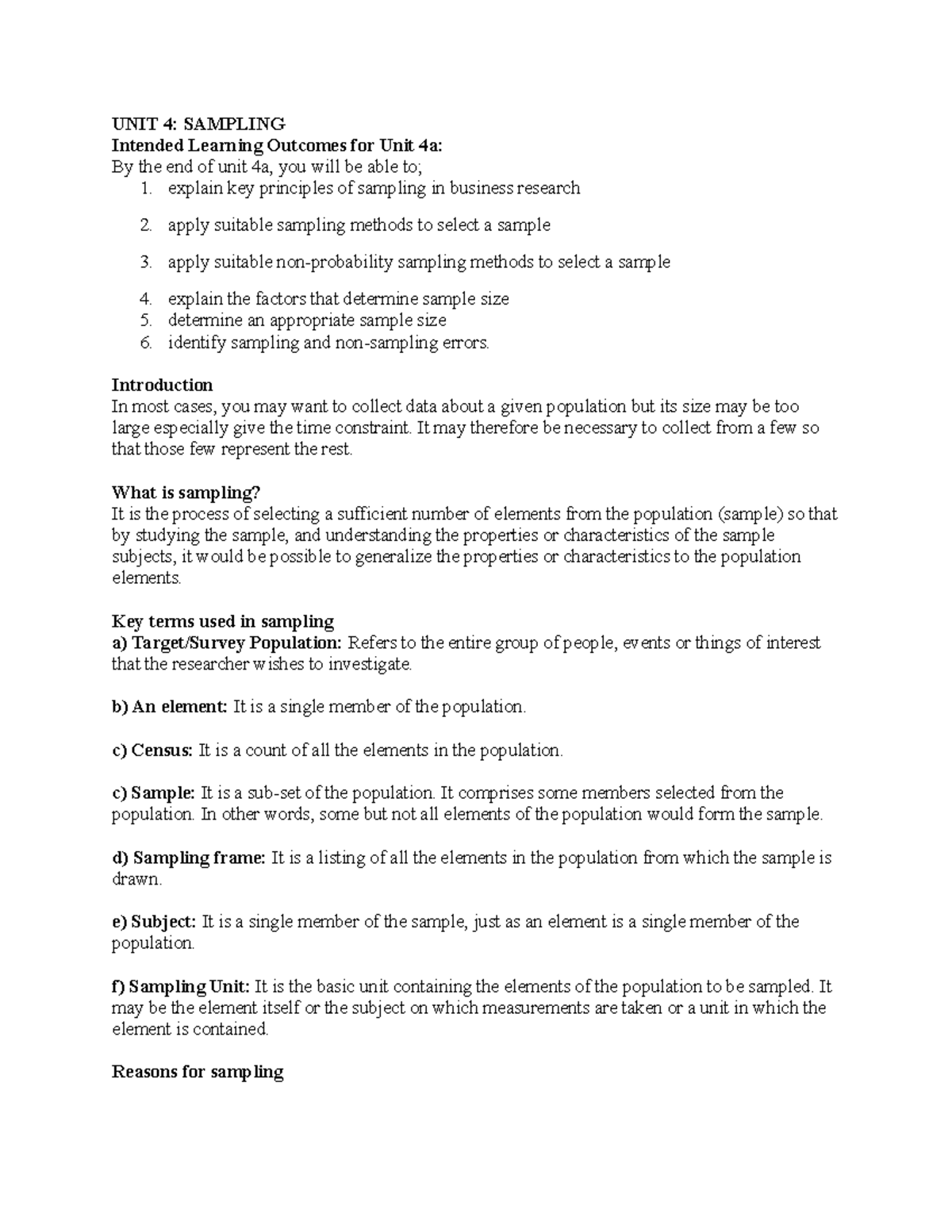 UNIT 4 Sampling-2 - Ouma - UNIT 4: SAMPLING Intended Learning Outcomes ...
