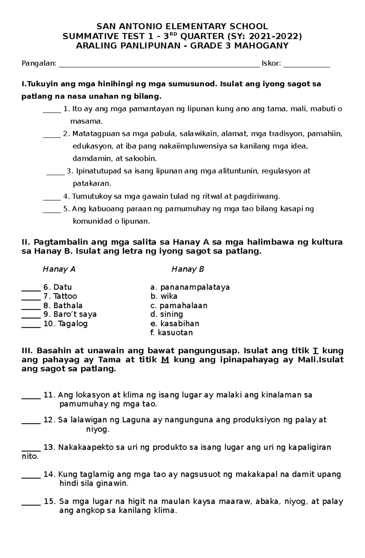 1st Summative 3rd Quarter AP SAN ANTONIO ELEMENTARY SCHOOL SUMMATIVE