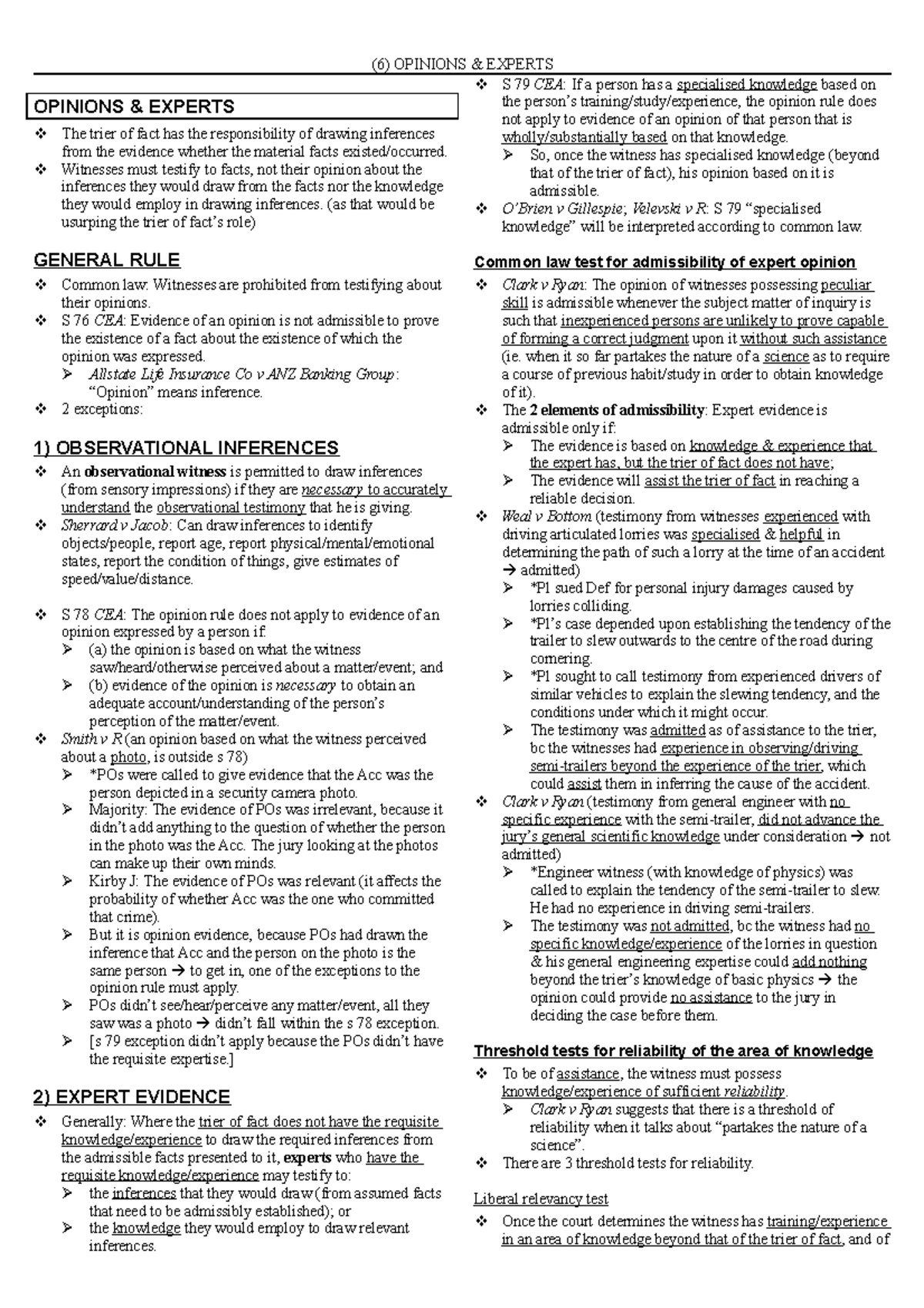 Evidence Notes 6 - Full answers to questions - OPINIONS & EXPERTS The ...