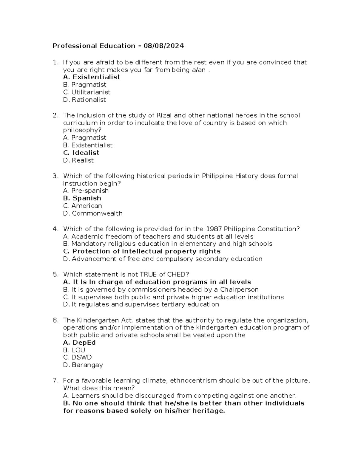 Profed 1 08 07 24 - A practice material - Professional Education – 08 ...