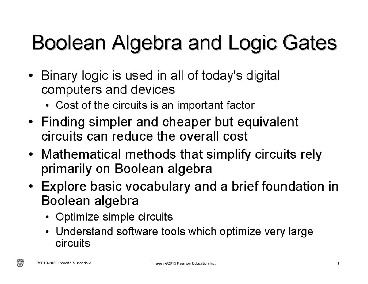 ELEC2170Ch2 Chapter 2 lecture notes Boolean Algebra and Logic
