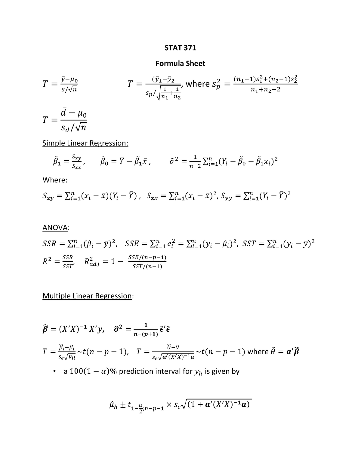 Stat 371 F18 Test 1 Formula Sheet Studocu