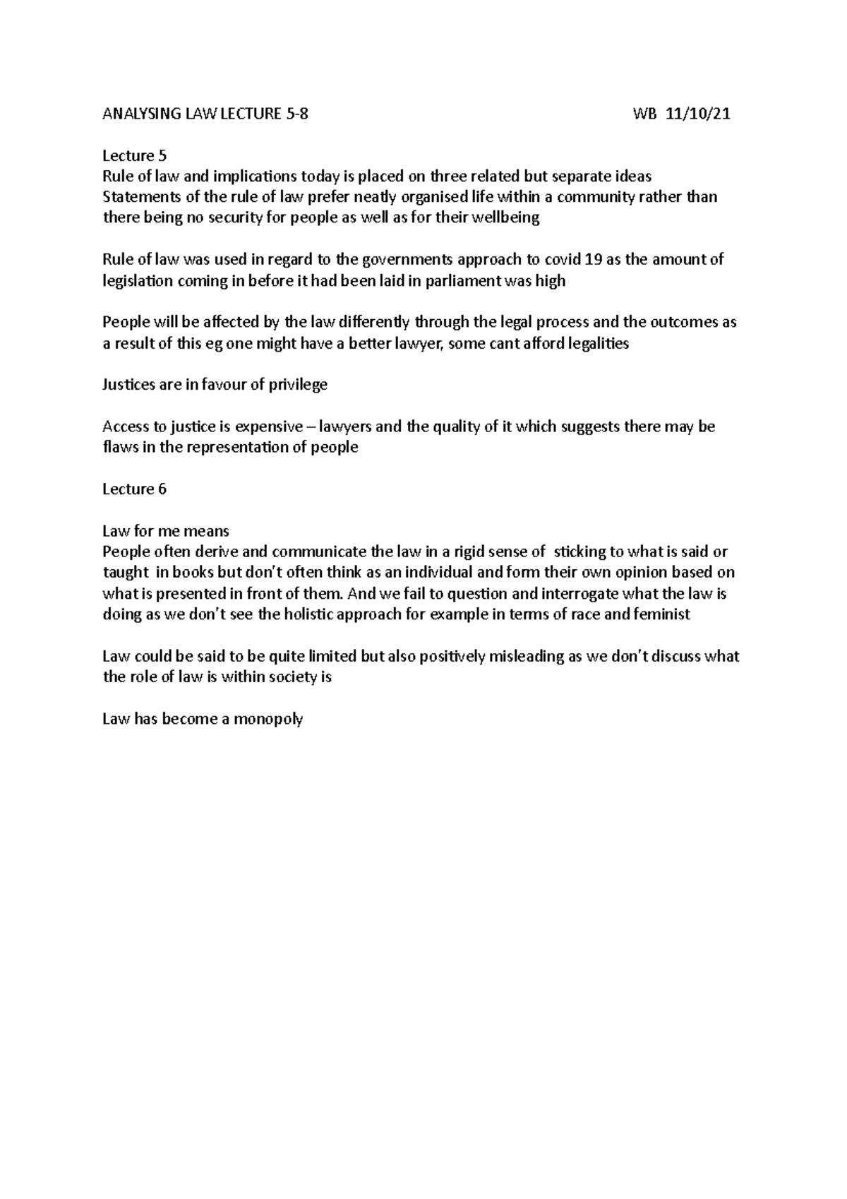 Analysing LAW Lecture 5-8 analysis - ANALYSING LAW LECTURE 5-8 WB 11/10 ...