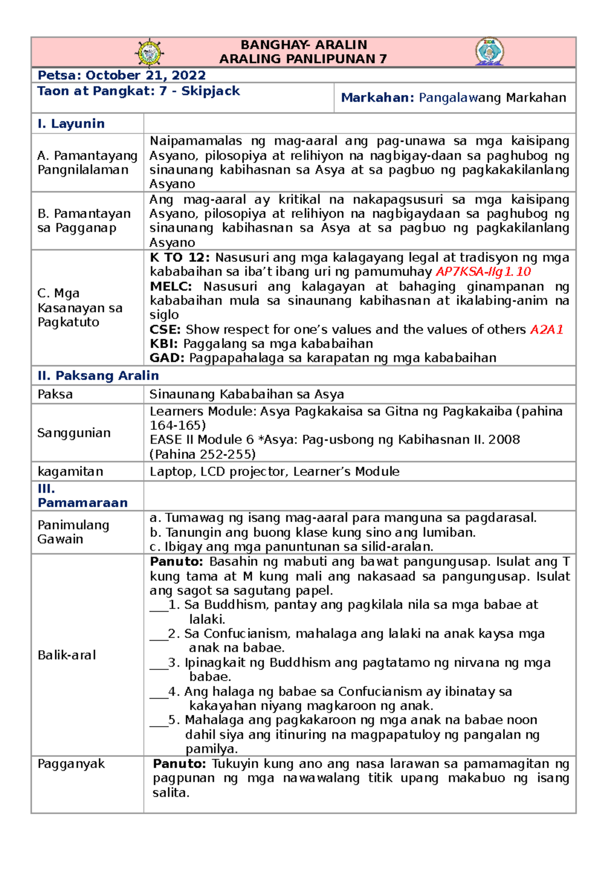 Cot Lesson Plan In Araling Panlipunan 94D