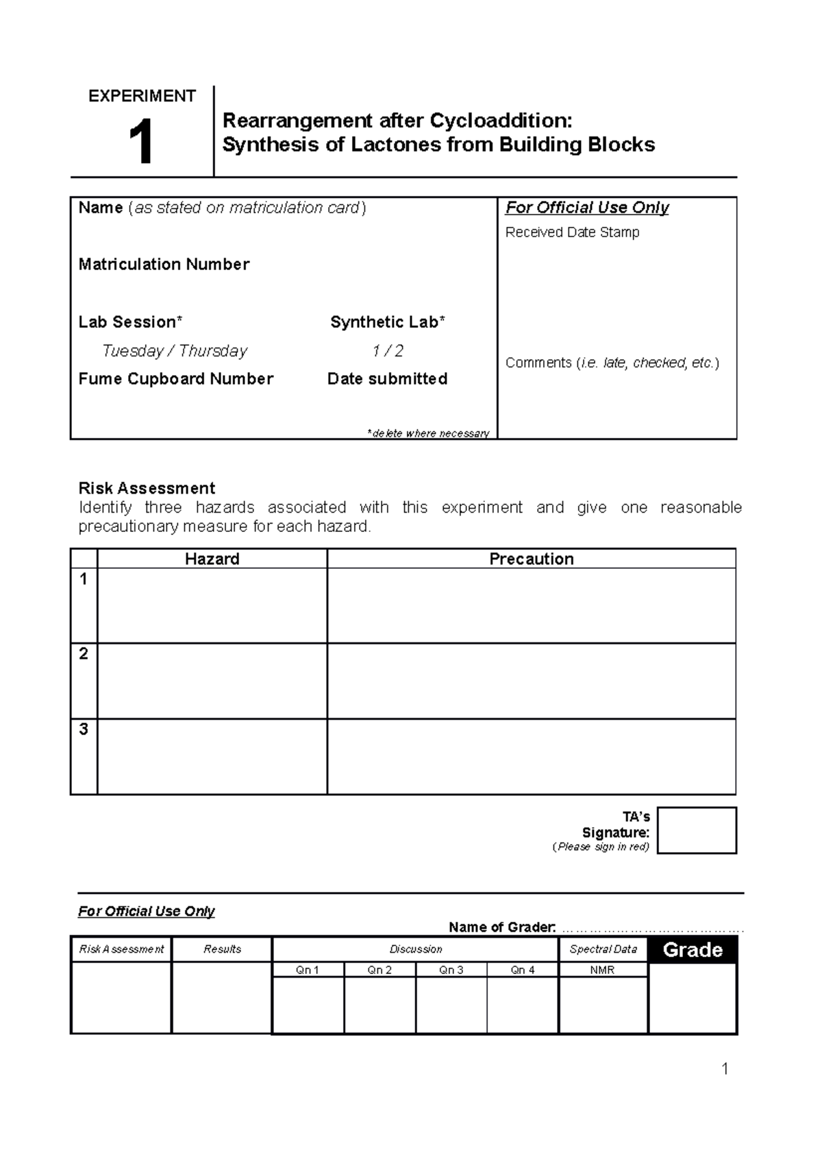 Laboratory Proforma - EXPERIMENT 1 Rearrangement after Cycloaddition ...