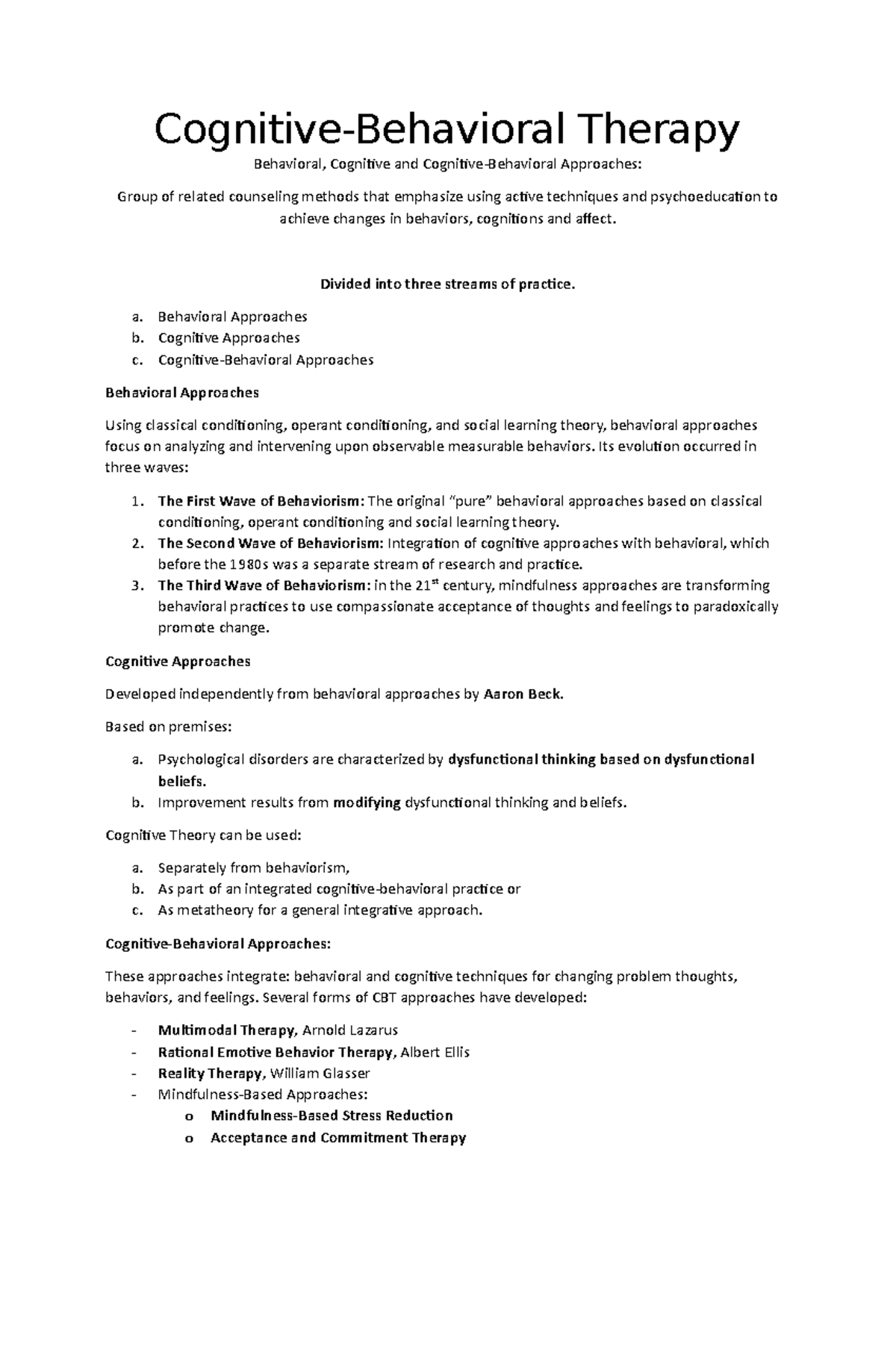 CBT Notes - Cognitive-Behavioral Therapy Behavioral, Cognitive and ...