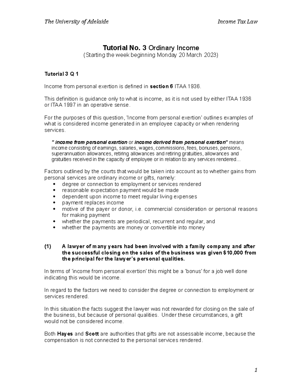 Tutorial No 3 Ordinary Income Solutions 2023, S1 - COMMLAW 3500 ...