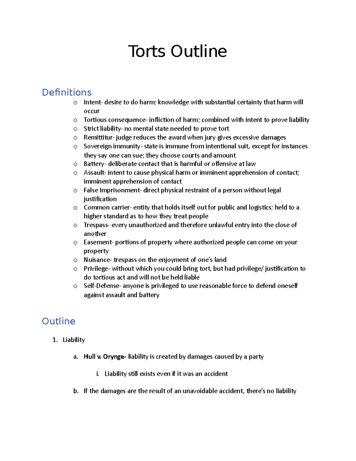 Torts Outline - Price - Torts Outline Definitions o Intent- desire to ...