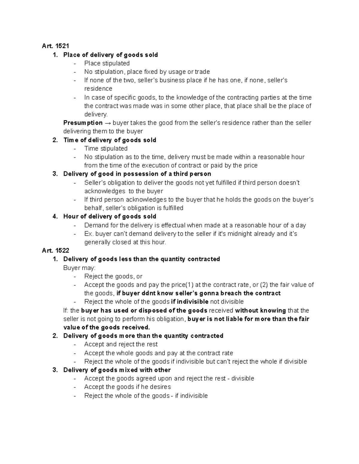 Business LAW - Art. 1521 1. Place of delivery of goods sold - Place ...