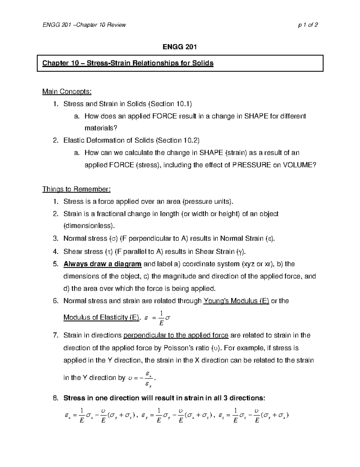 ENGG+201+Summary+Handout+-+Ch+10 - ENGG 201 –Chapter 10 Review p 1 of 2 ...