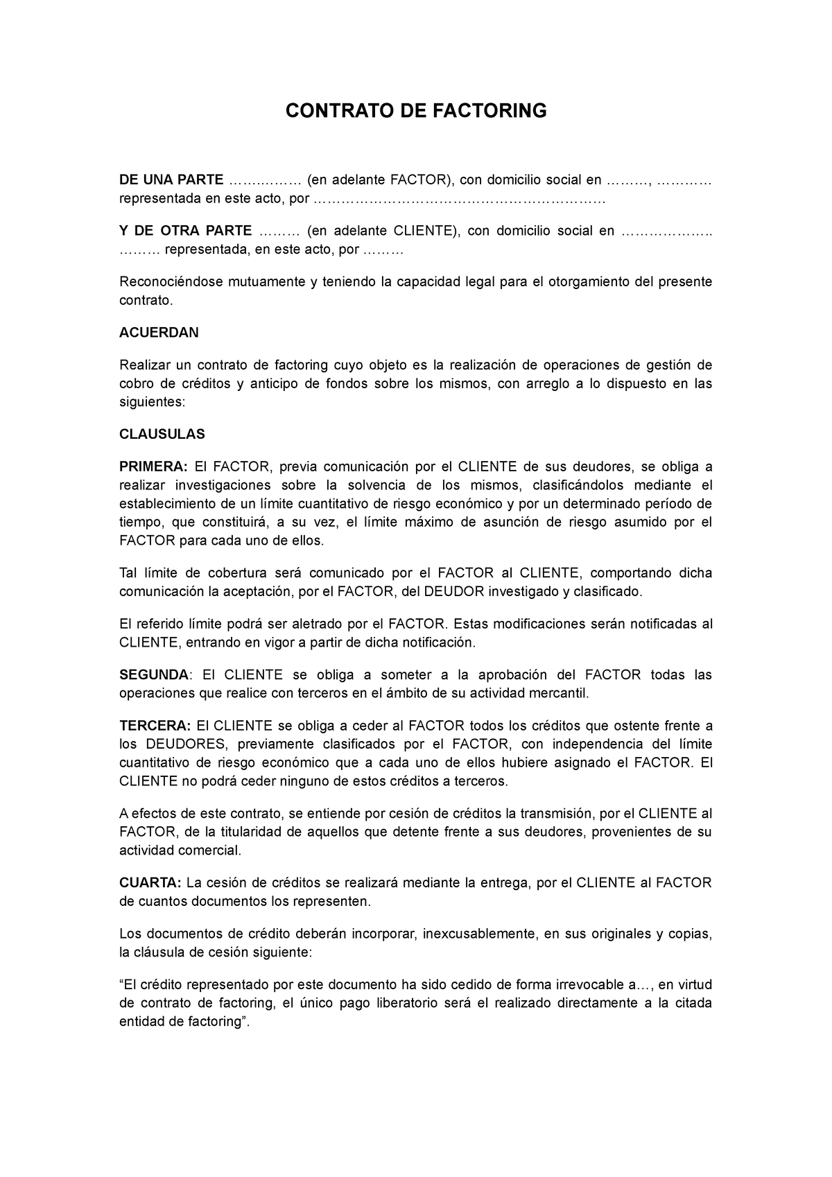 Modelo contrato de factoring Word - CONTRATO DE FACTORING DE UNA PARTE (en  adelante FACTOR), con - Studocu