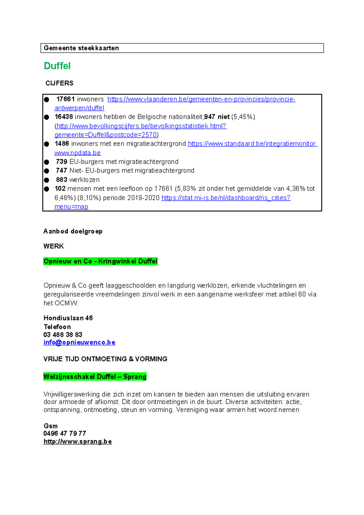 Gemeentesteekkaarten (Mo We) Gemeente steekkaarten Duffel CIJFERS