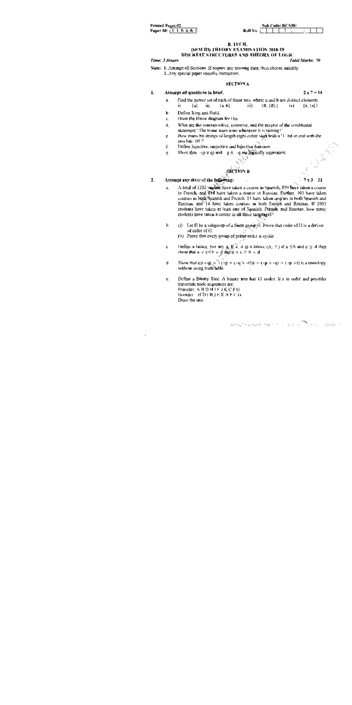 Discrete structures and theory of logic rcs 301 btech studocu