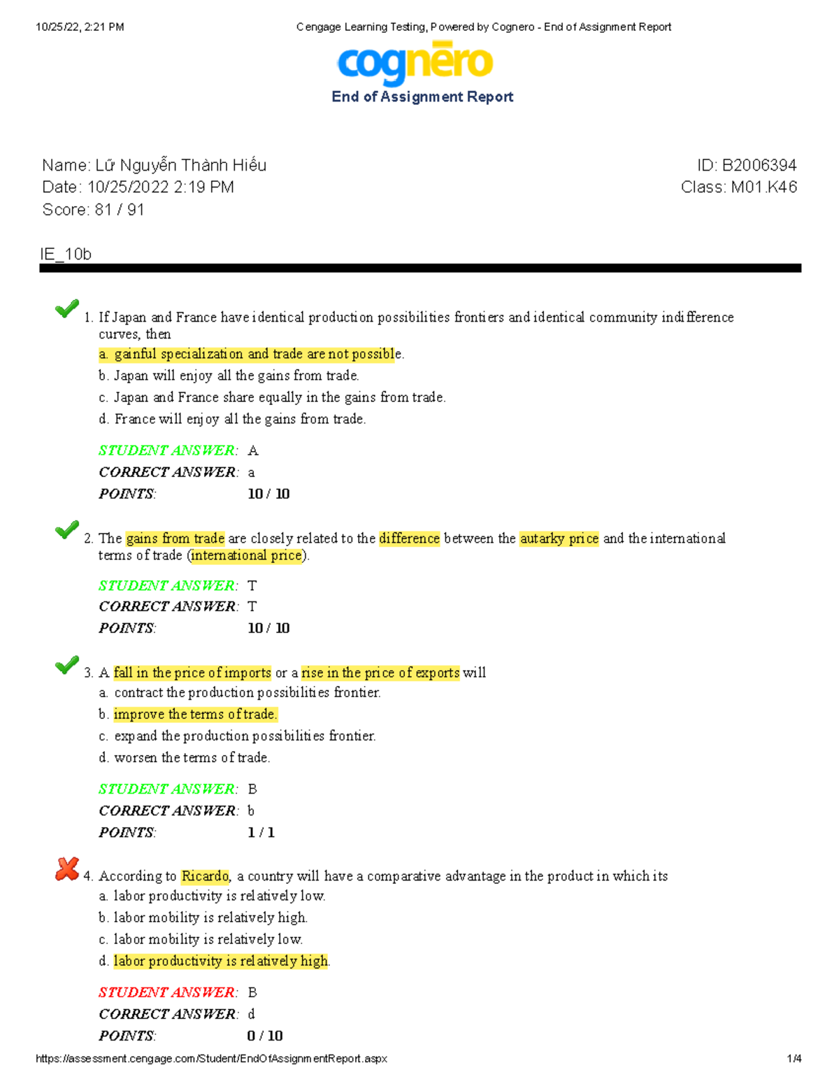 (1) Cengage Learning Testing, Powered by Cognero - End of Assignment ...