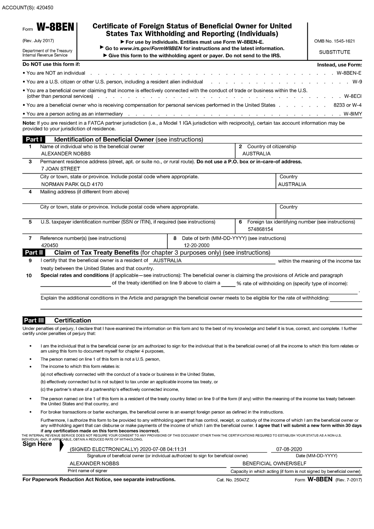 W8ben Jul 2017 - fsd - Form W-8BEN (Rev. July 2017) Department of the ...