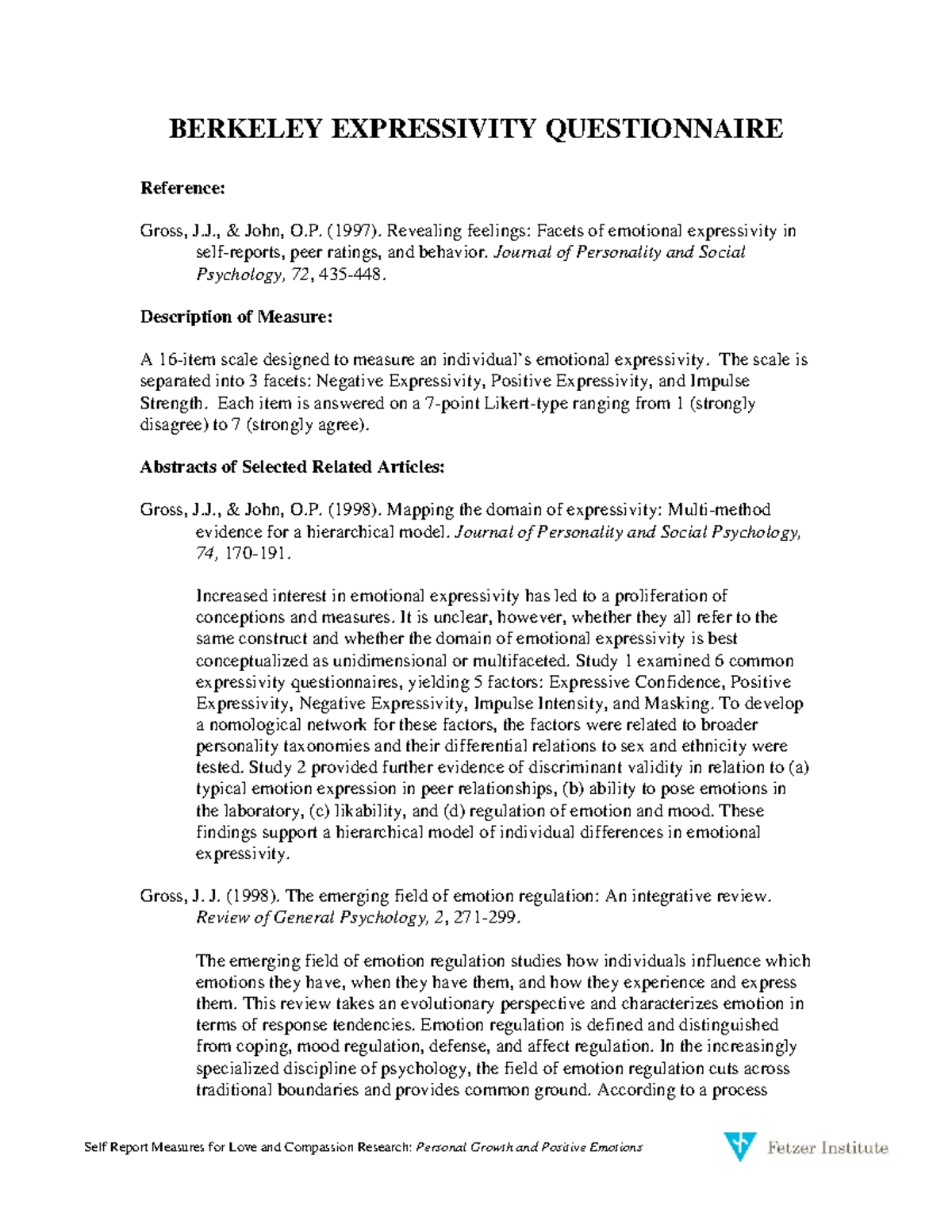 EE-Questionnaire - EE Questionnaire - Self Report Measures for Love and ...