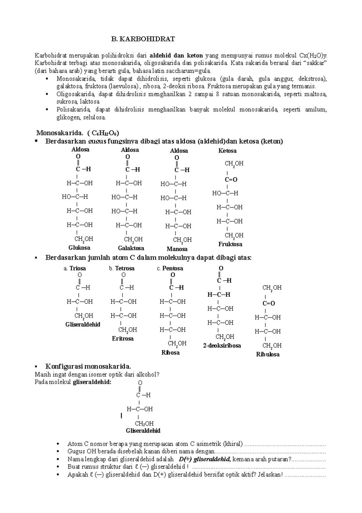14. Lampiran Materi Karbohidrat - B. KARBOHIDRAT Karbohidrat Merupakan ...