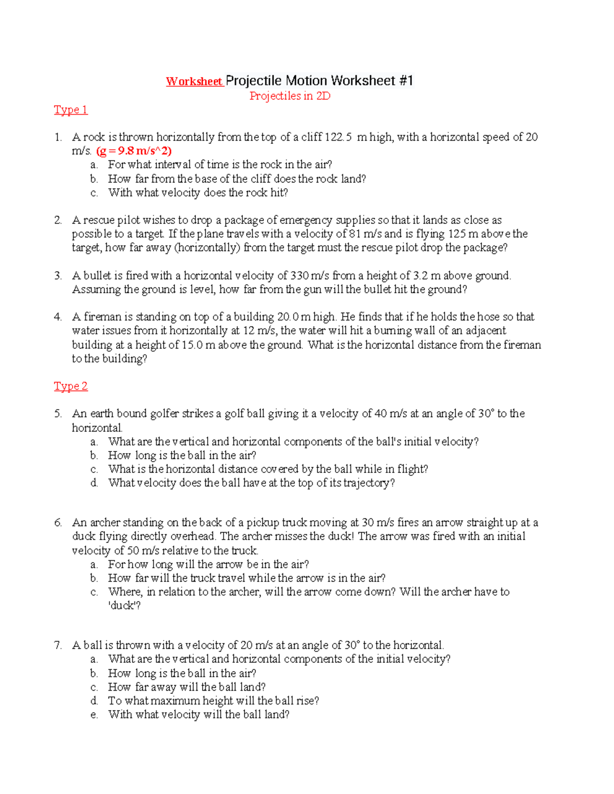 Projectile Motion 2D Worksheet #1 - Worksheet Projectile Motion ...