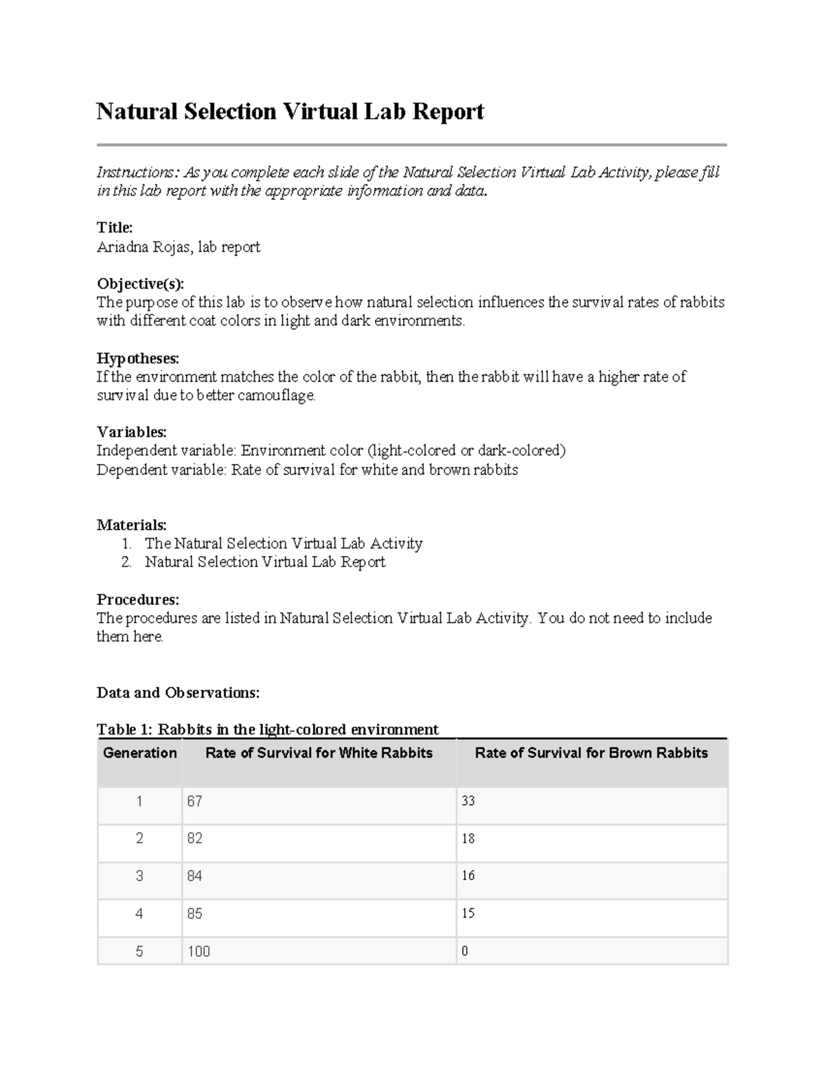 05 02 natural selection lab report - Natural Selection Virtual Lab ...