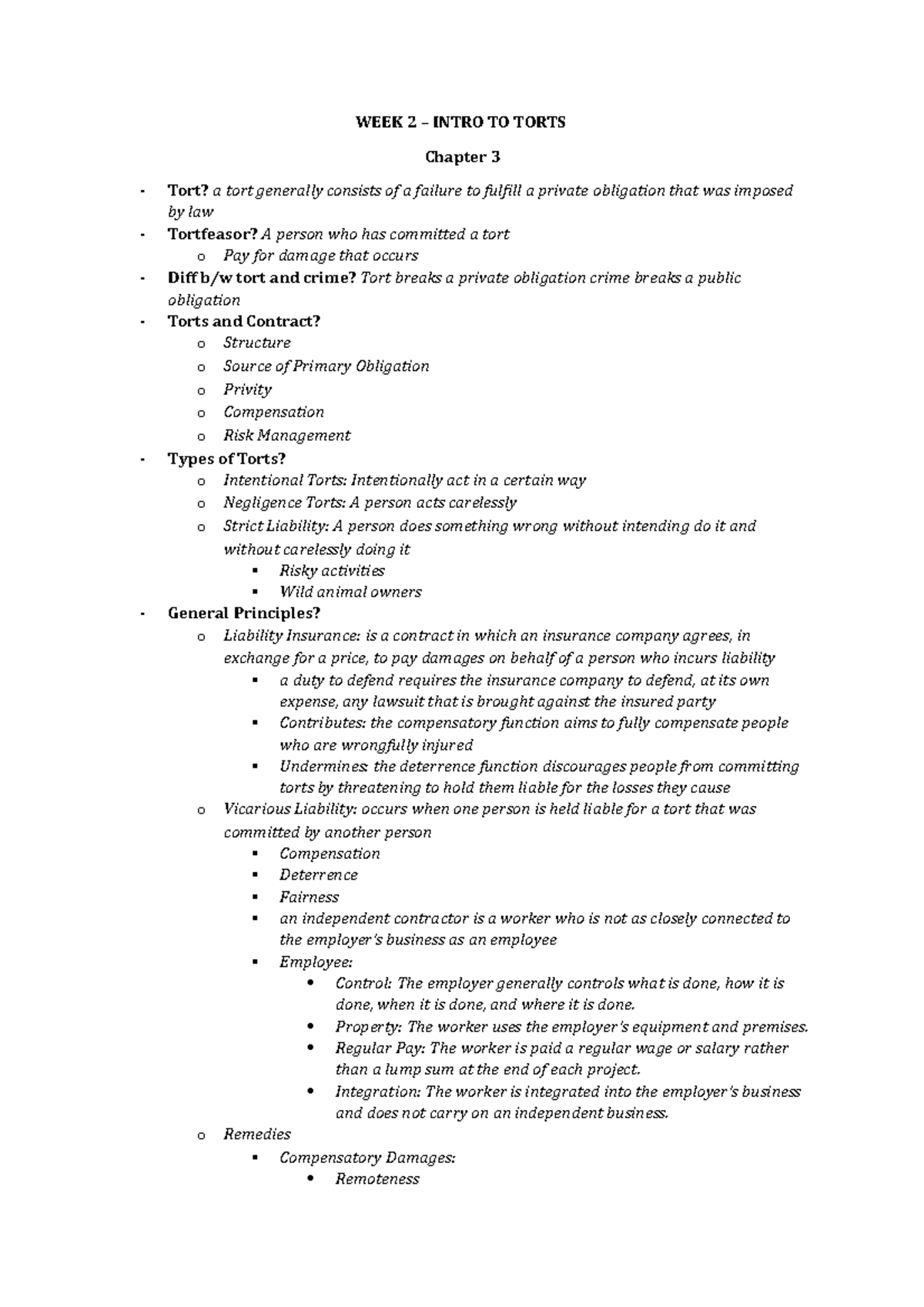 Week 2 - Intro to Torts - Lecture notes 2 - LAW 122 - Toronto Met - Studocu