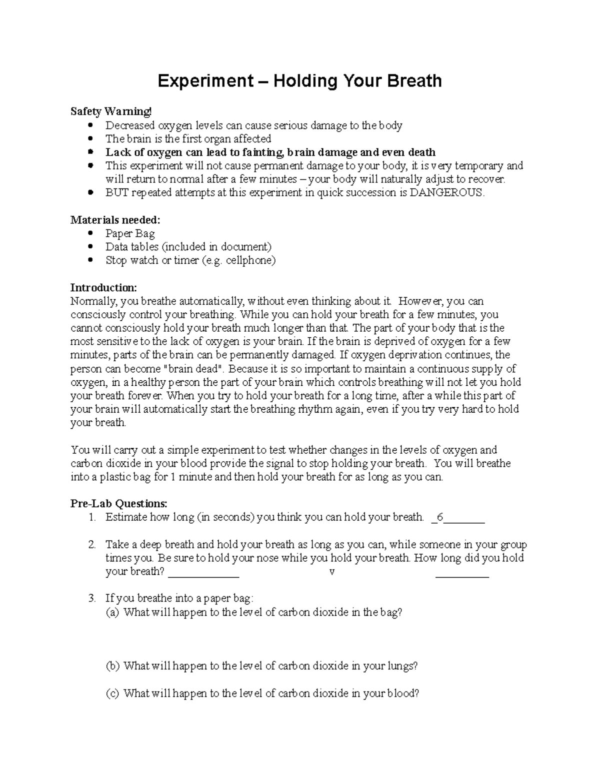 holding breath heart rate experiment