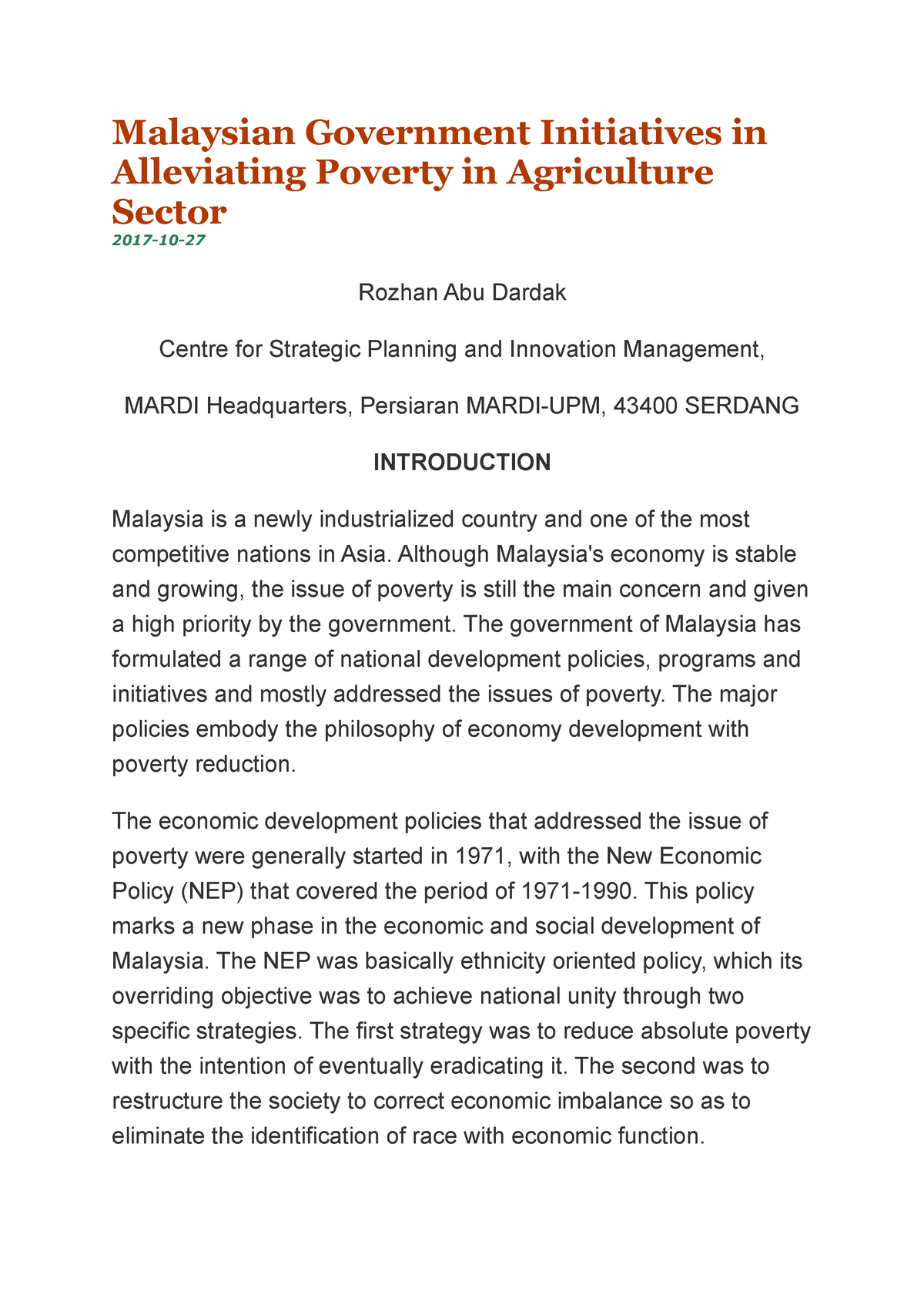 Malaysian Government Initiatives in Alleviating Poverty in 