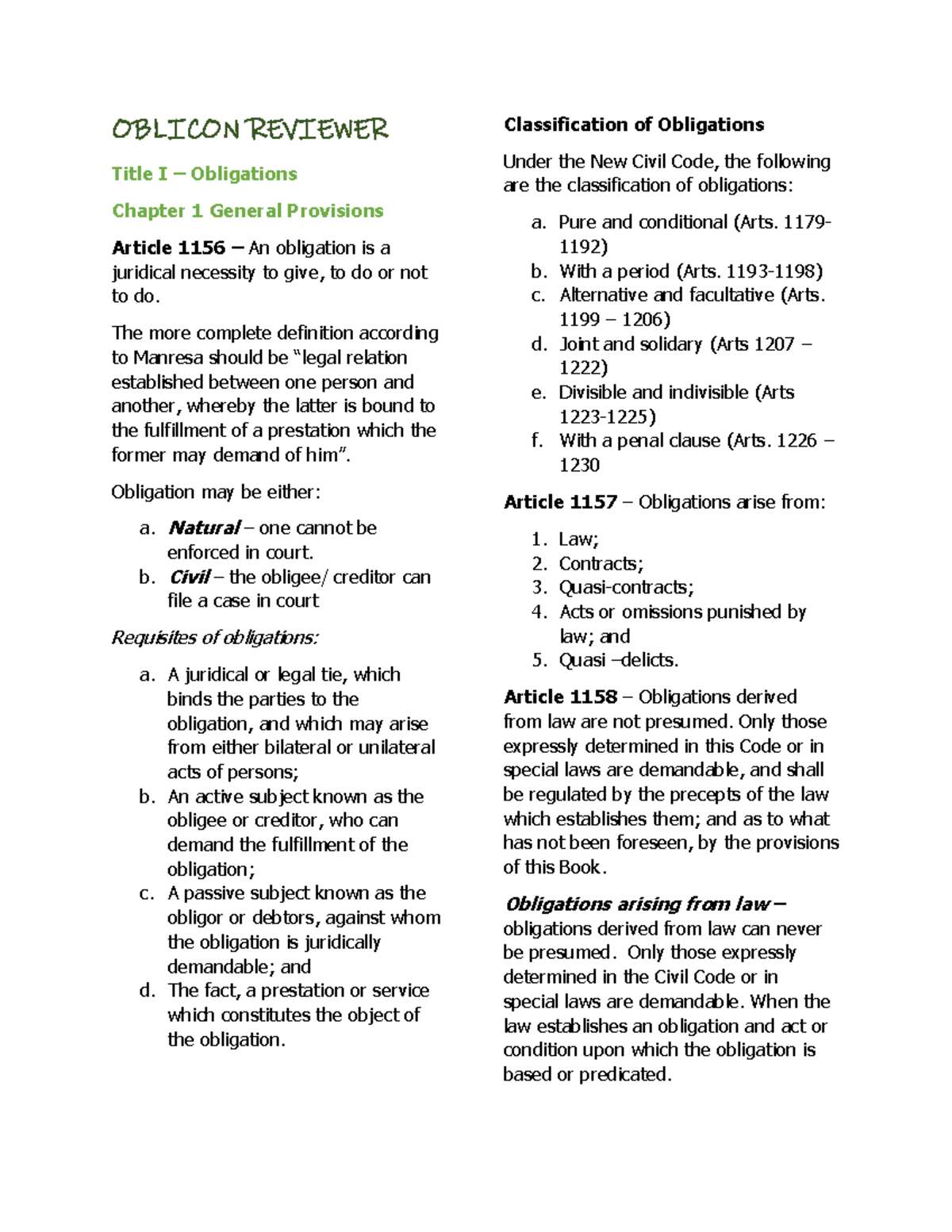 LAW-1- Reviewer - N/A - OBLICON REVIEWER Title I – Obligations Chapter ...