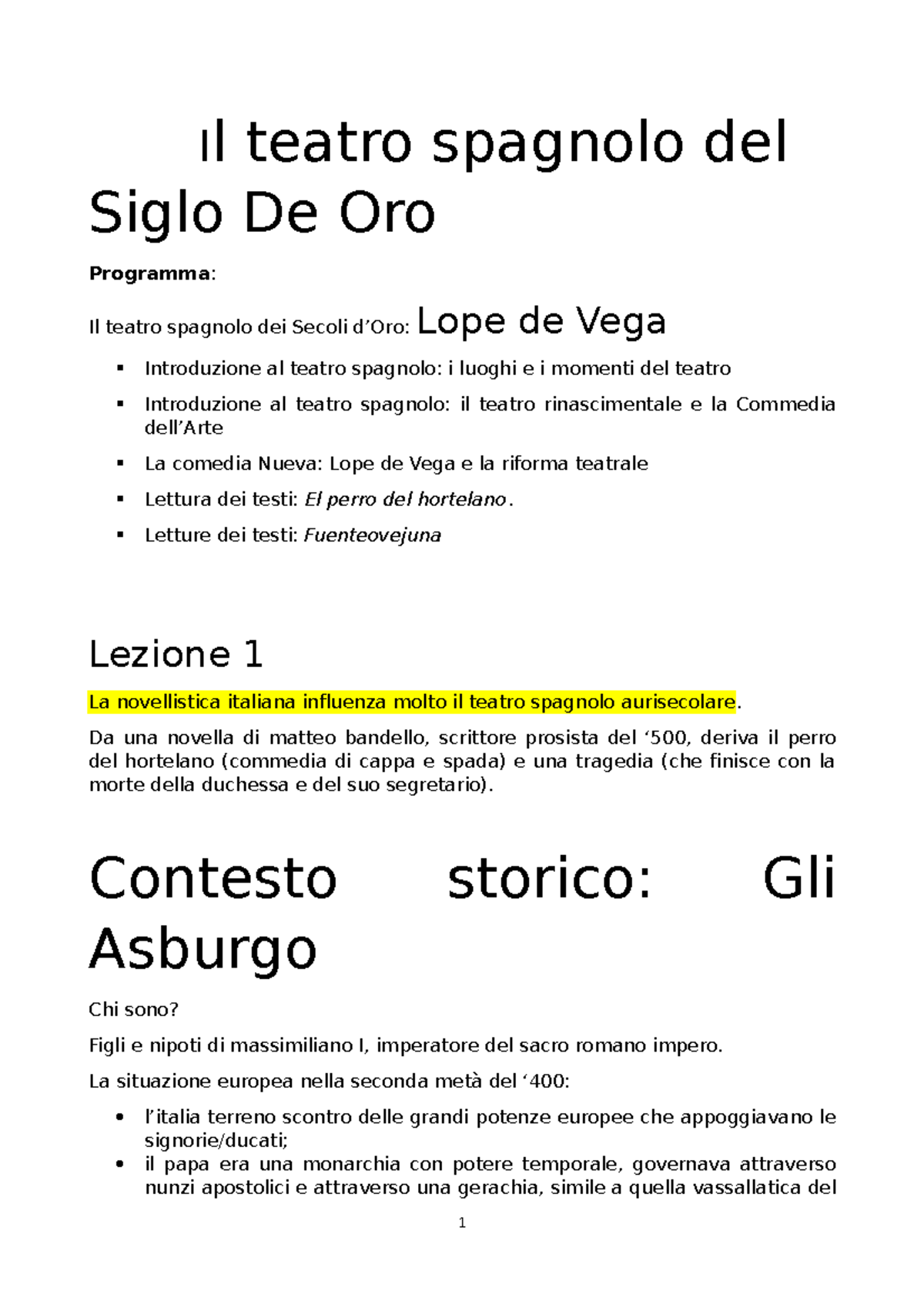 Letteratura spagnola - Il teatro spagnolo del Siglo De Oro Programma: Il  teatro spagnolo dei Secoli - Studocu