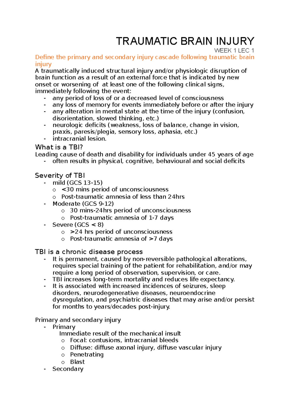Traumatic Brain Injury - TRAUMATIC BRAIN INJURY WEEK 1 LEC 1 Define the ...