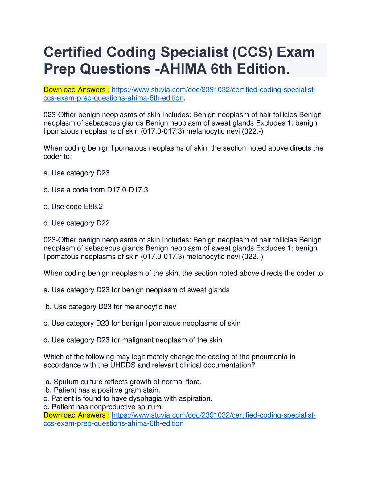 Certified Coding Specialist (CCS) Exam Prep Questions Ahima 6th