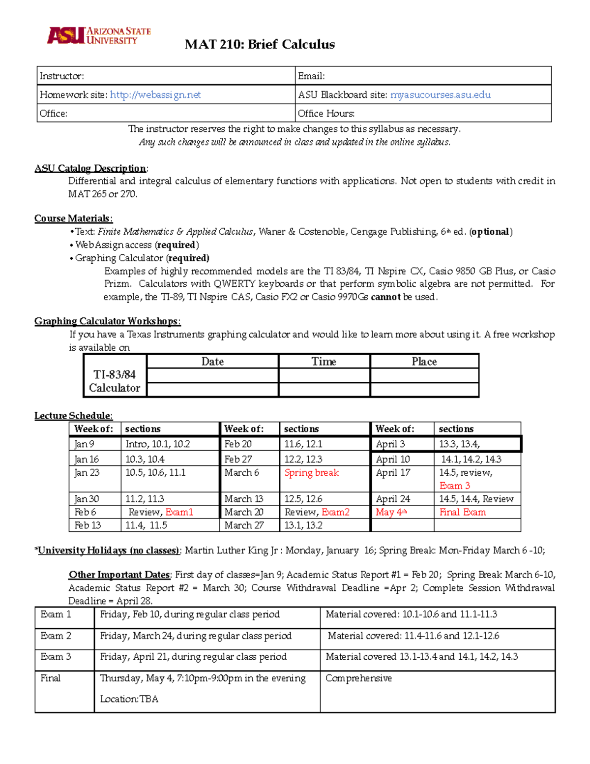 MAT210 Brief Calculus Instructor Email Homework site webassign ASU