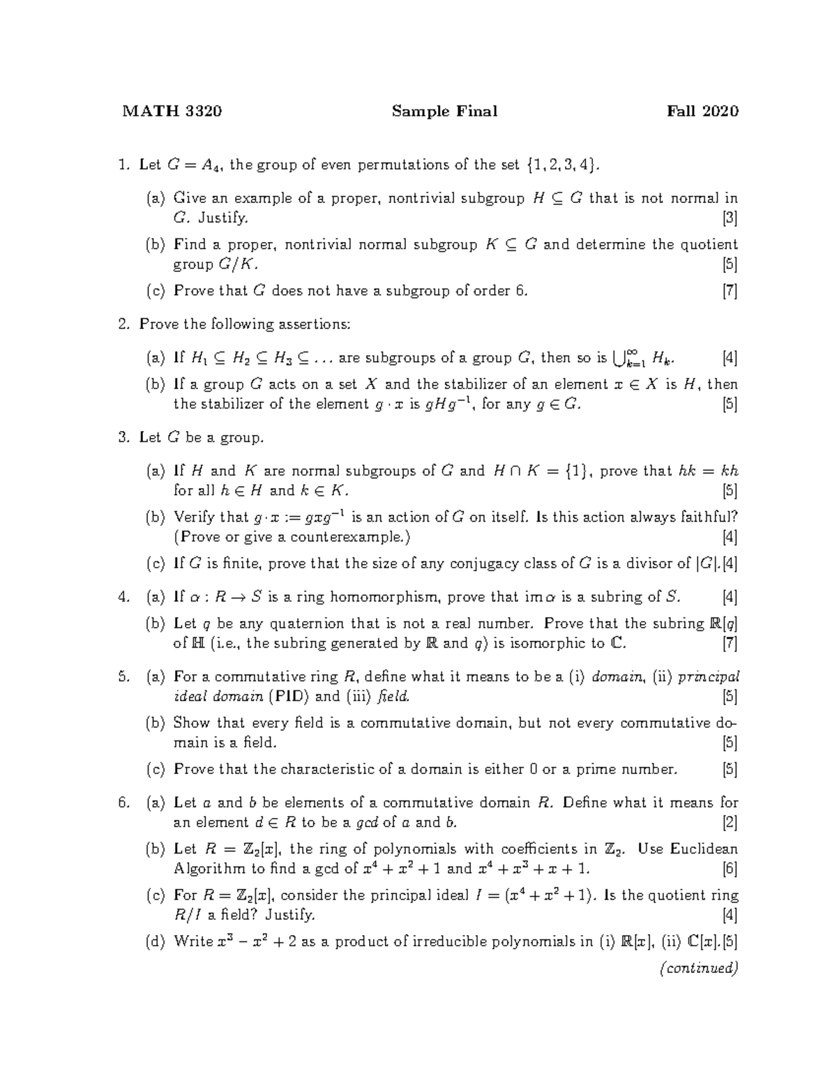 Final 14 December, questions - MATH 3320 Sample Final Fall 2020 LetG=A ...
