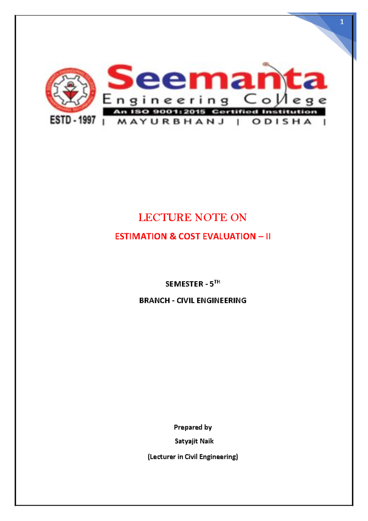 CE Estimation & COST Evaluationii n - LECTURE NOTE ON ESTIMATION & COST ...