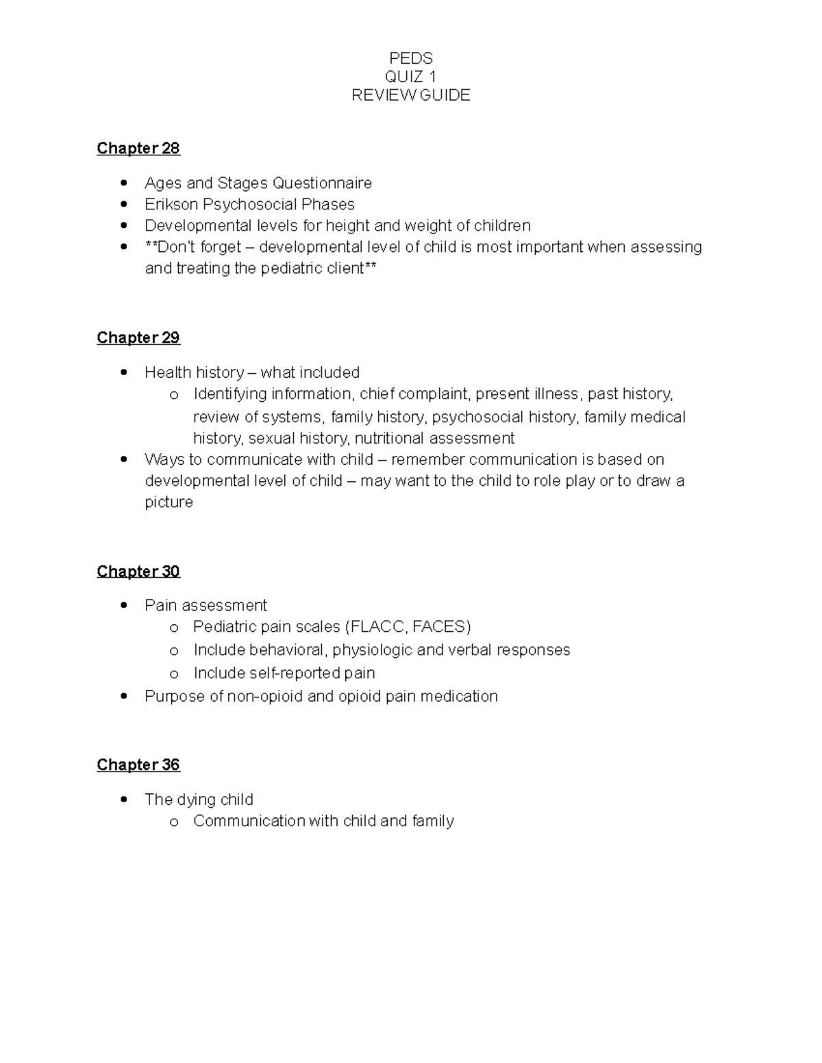 PED Quiz 1 Review Guide quiz 1 PEDS PEDS QUIZ 1 REVIEW GUIDE