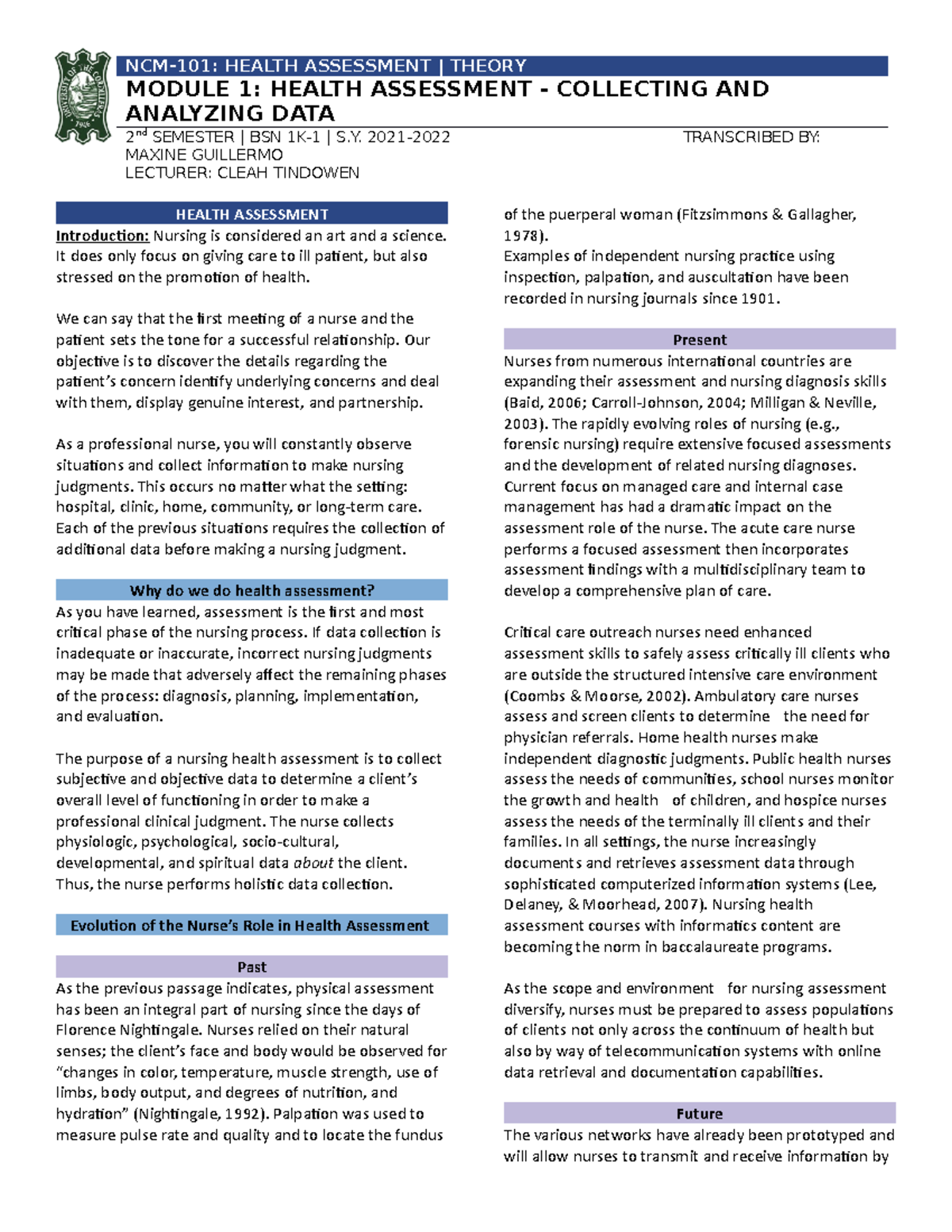 NCM101 M12 Health Assessment Collecting and Analyzing Data, Analysis of Assessment Data Studocu