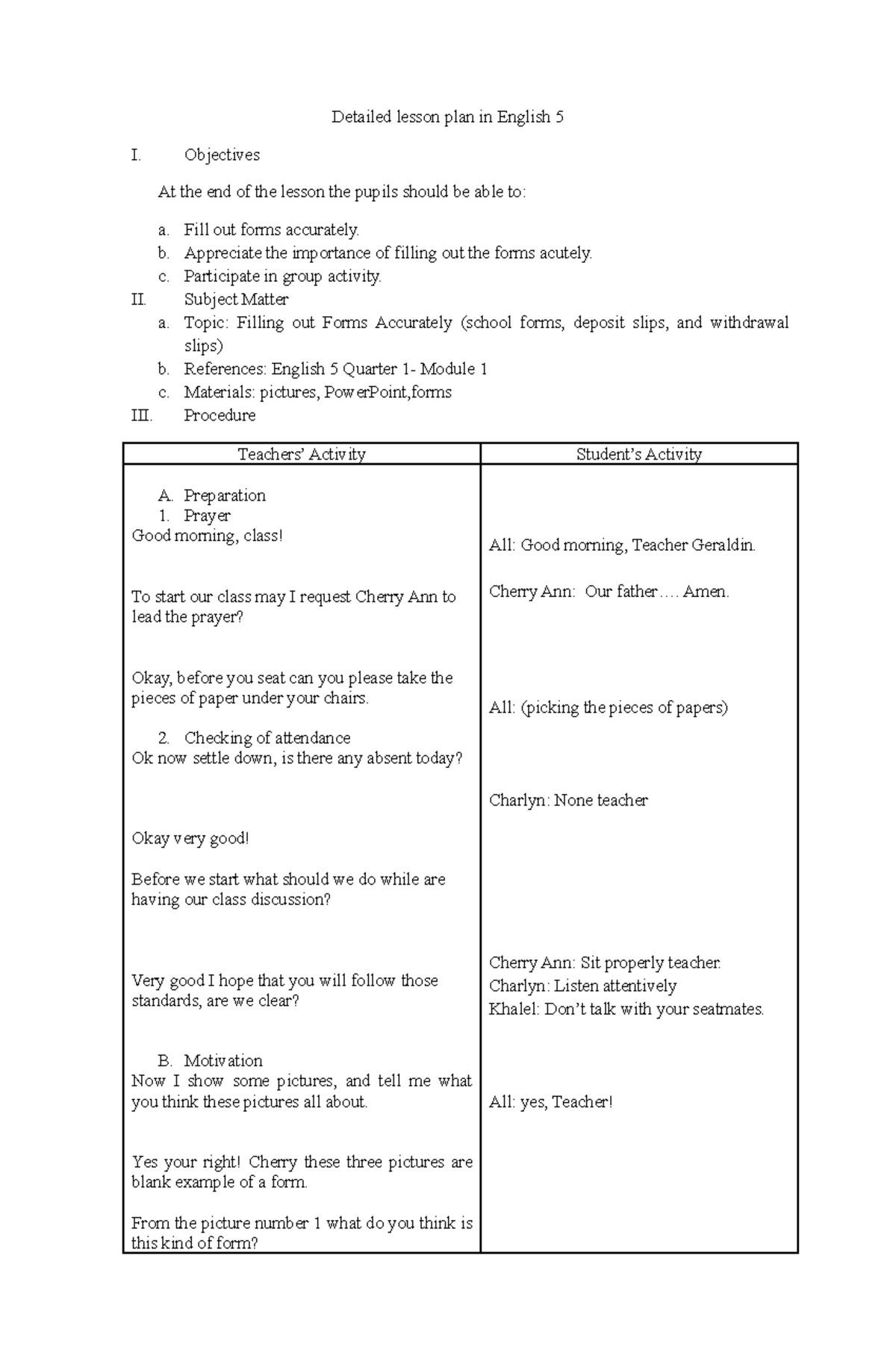 Lesson Plan Example English Class