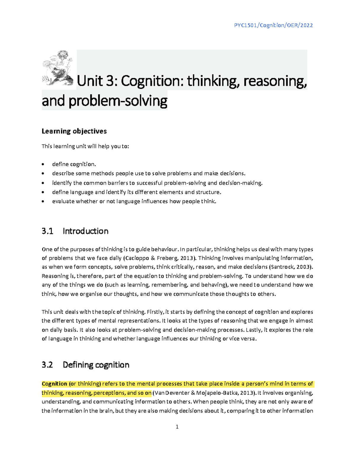 PYC1501 Unit 3 Cognition OER 2022 - Unit 3 : Cognition: Thinking ...