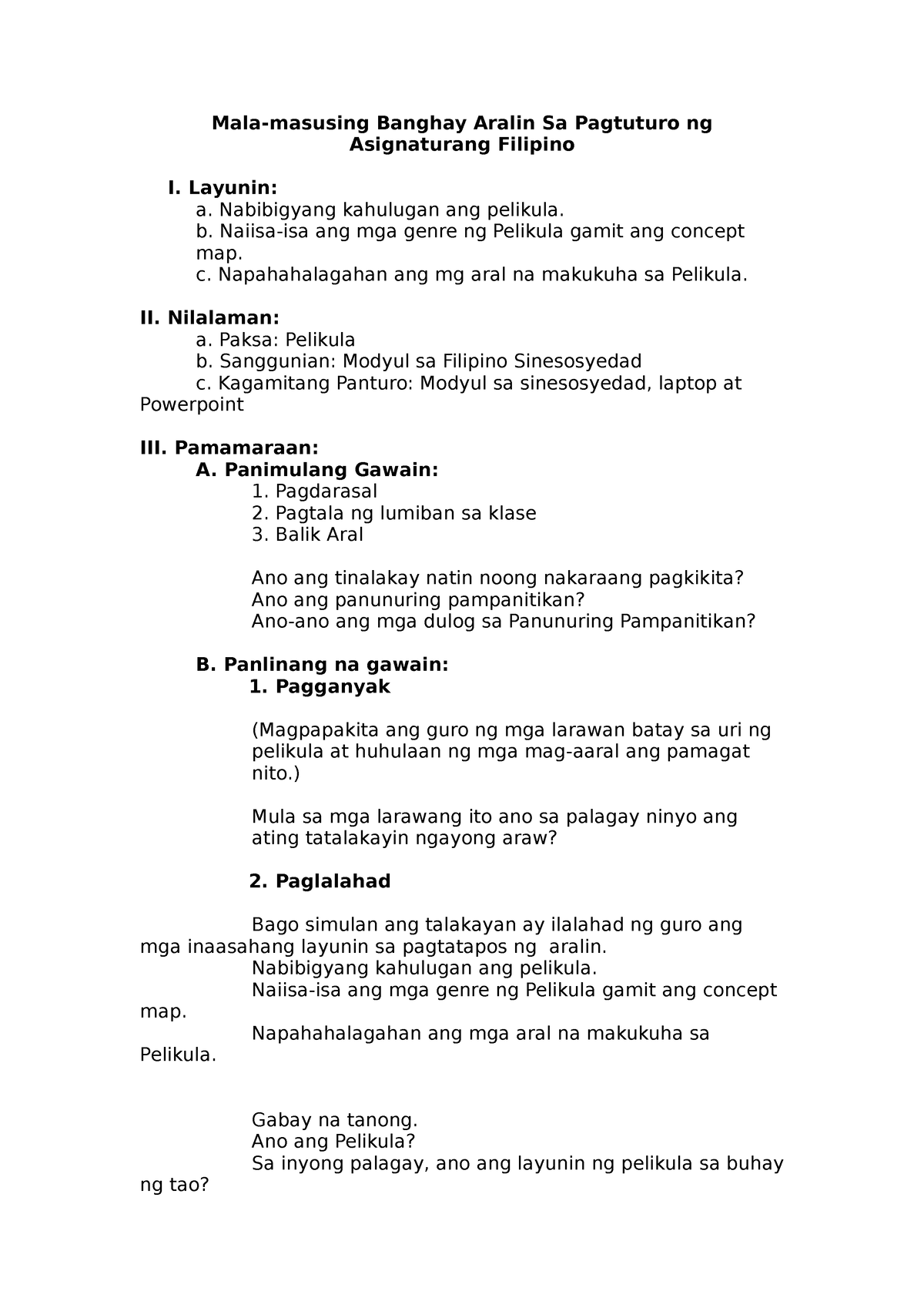 Mala-masusing Banghay Aralin Sa Pagtuturo Ng Asignaturang Filipino ...