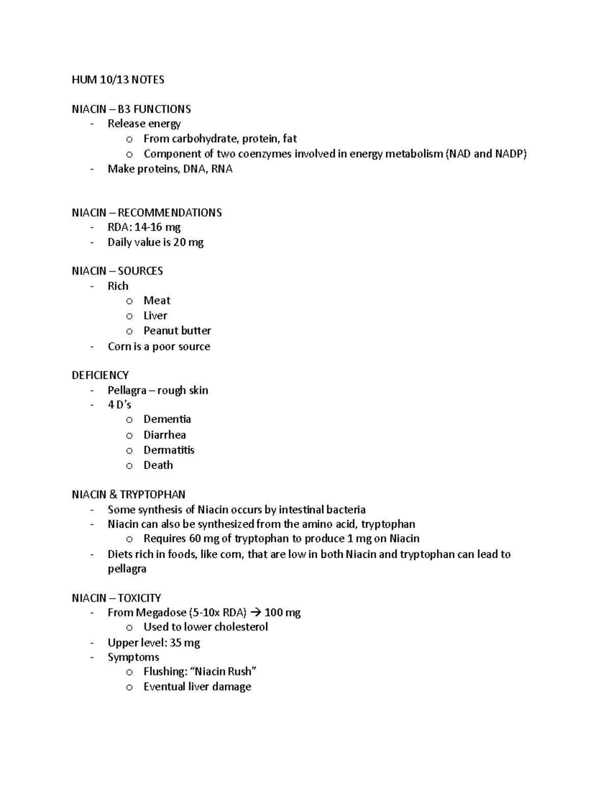 Niacin, and Pyridoxine (b6) HUM 10/13 NOTES NIACIN B3 FUNCTIONS