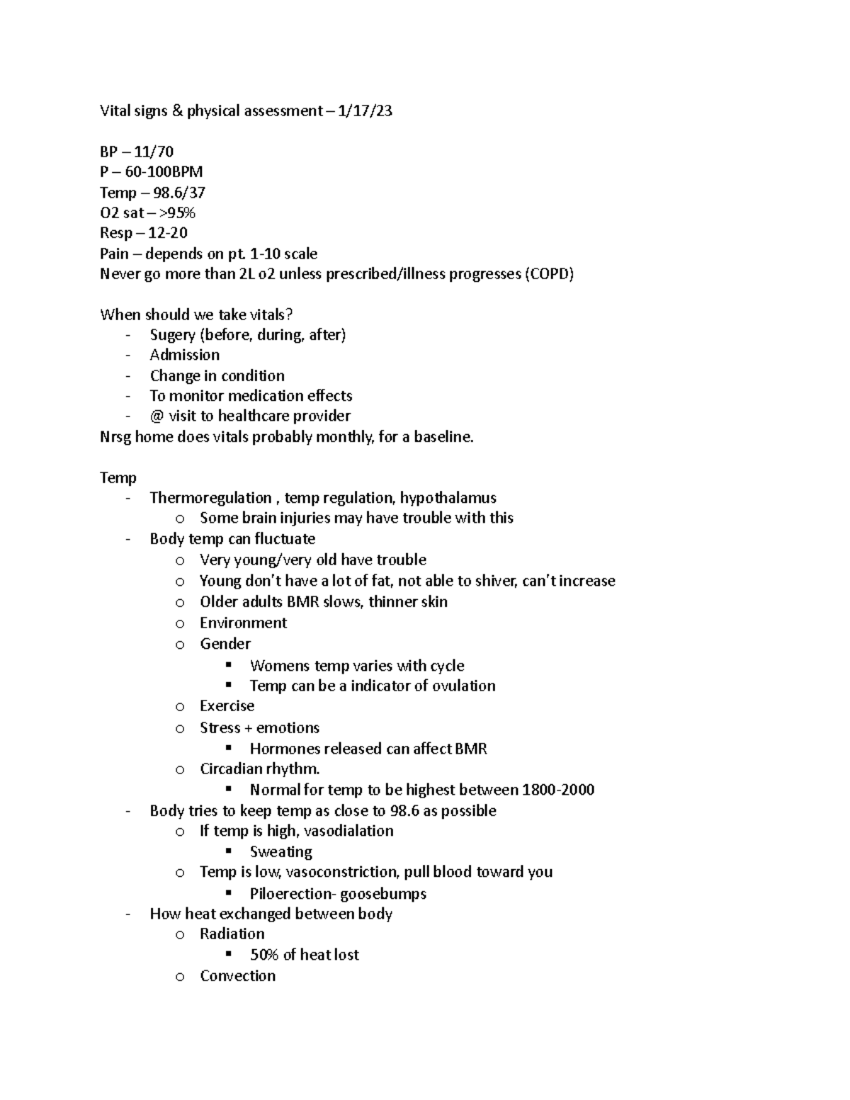 Ch 18 notes jan - Vital signs & physical assessment – 1/17/ BP – 11/ P ...