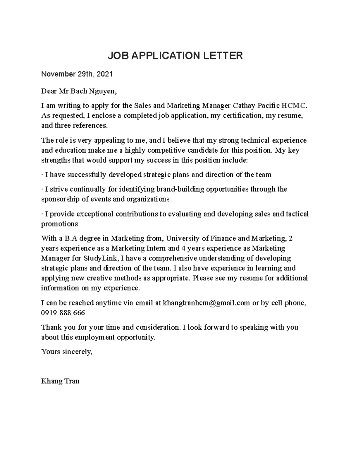 JOB Application Letter - JOB APPLICATION LETTER November 29th, 2021 ...