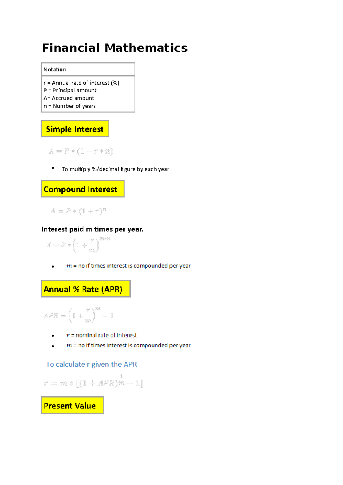 Financial Mathematics - Financial Mathematics Notation r = Annual rate ...