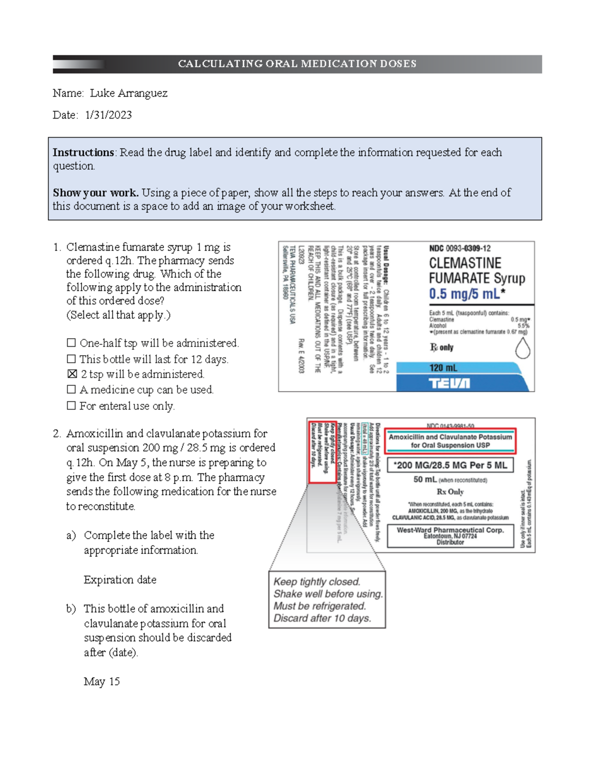 Calculating Oral Medication Worksheet CALCULATING ORAL MEDICATION