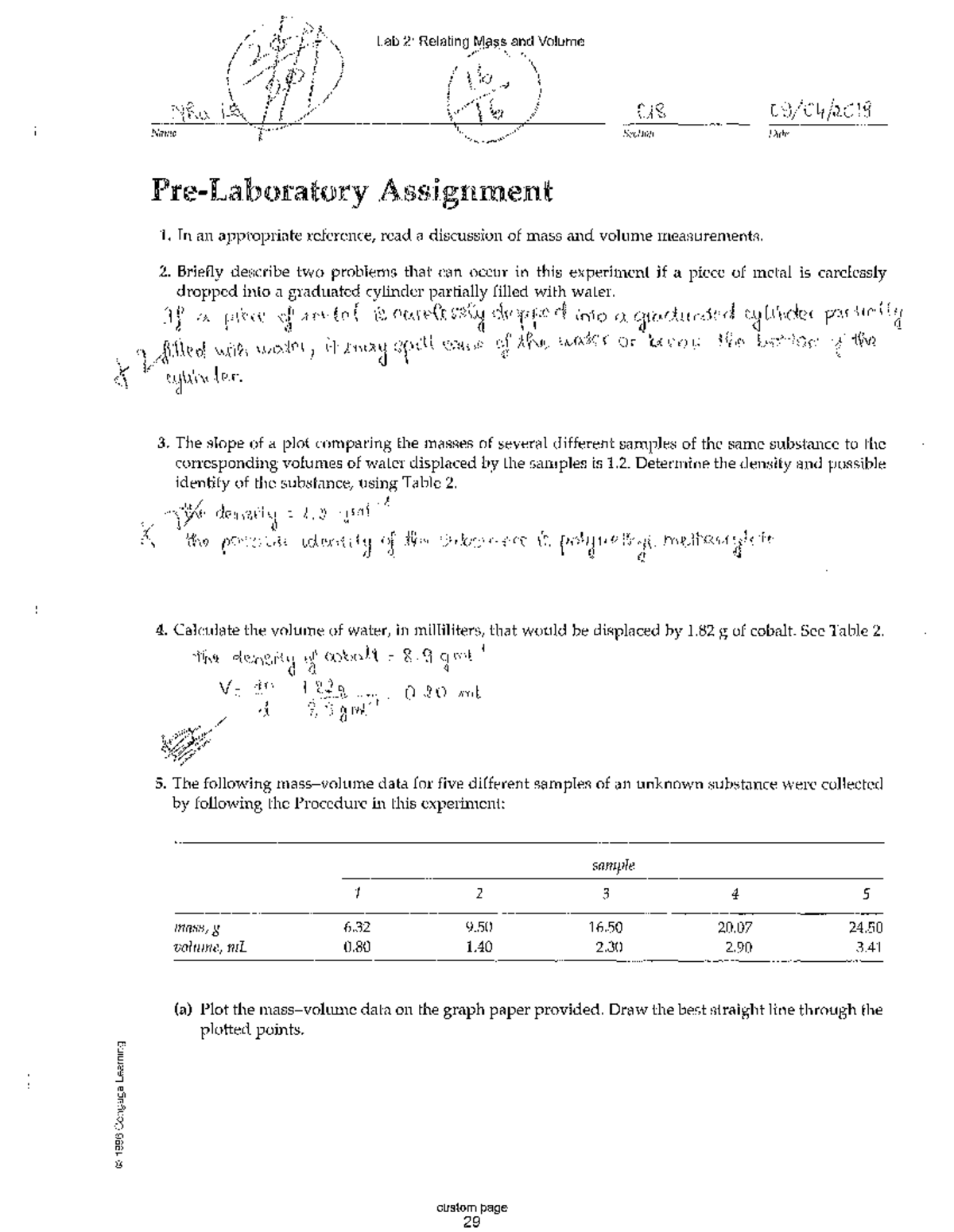 Chem lab notes - Lab 2' Relating and Volume Name Sechon Date ...