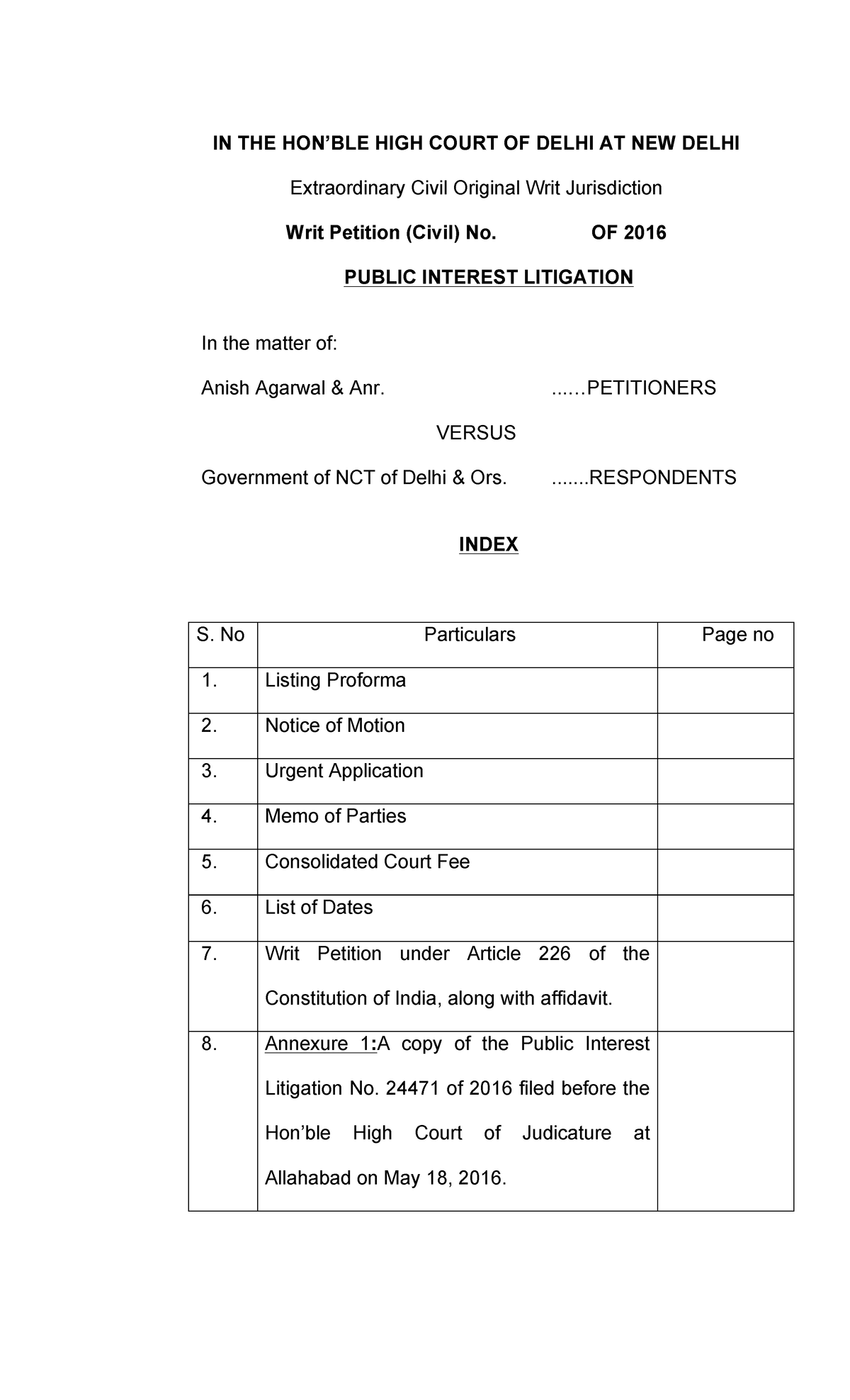 PIL IN THE HIGH COURT OF DELHI AT NEW DELHI Extraordinary Civil 