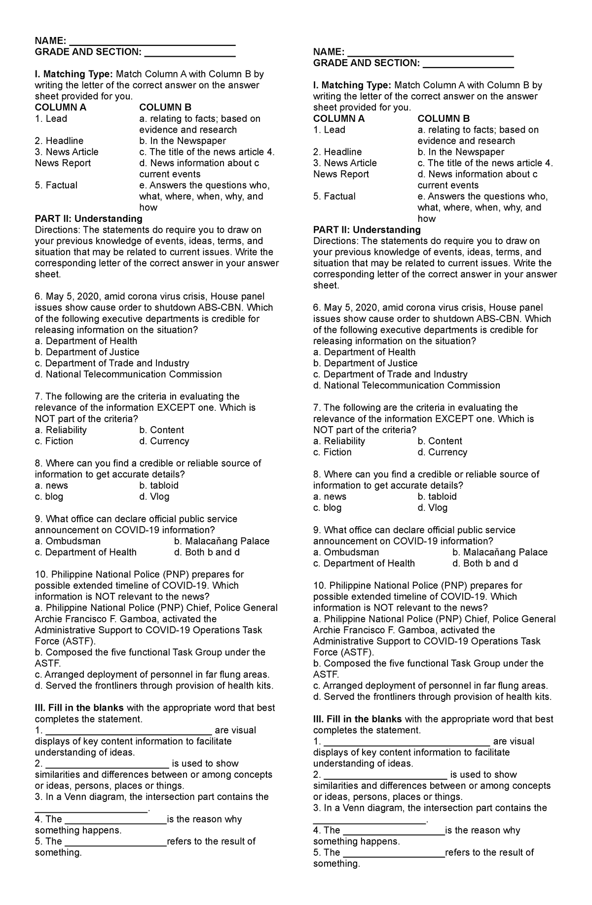 ENG MELC 1 - Quiz - NAME: _______________________________ GRADE AND ...