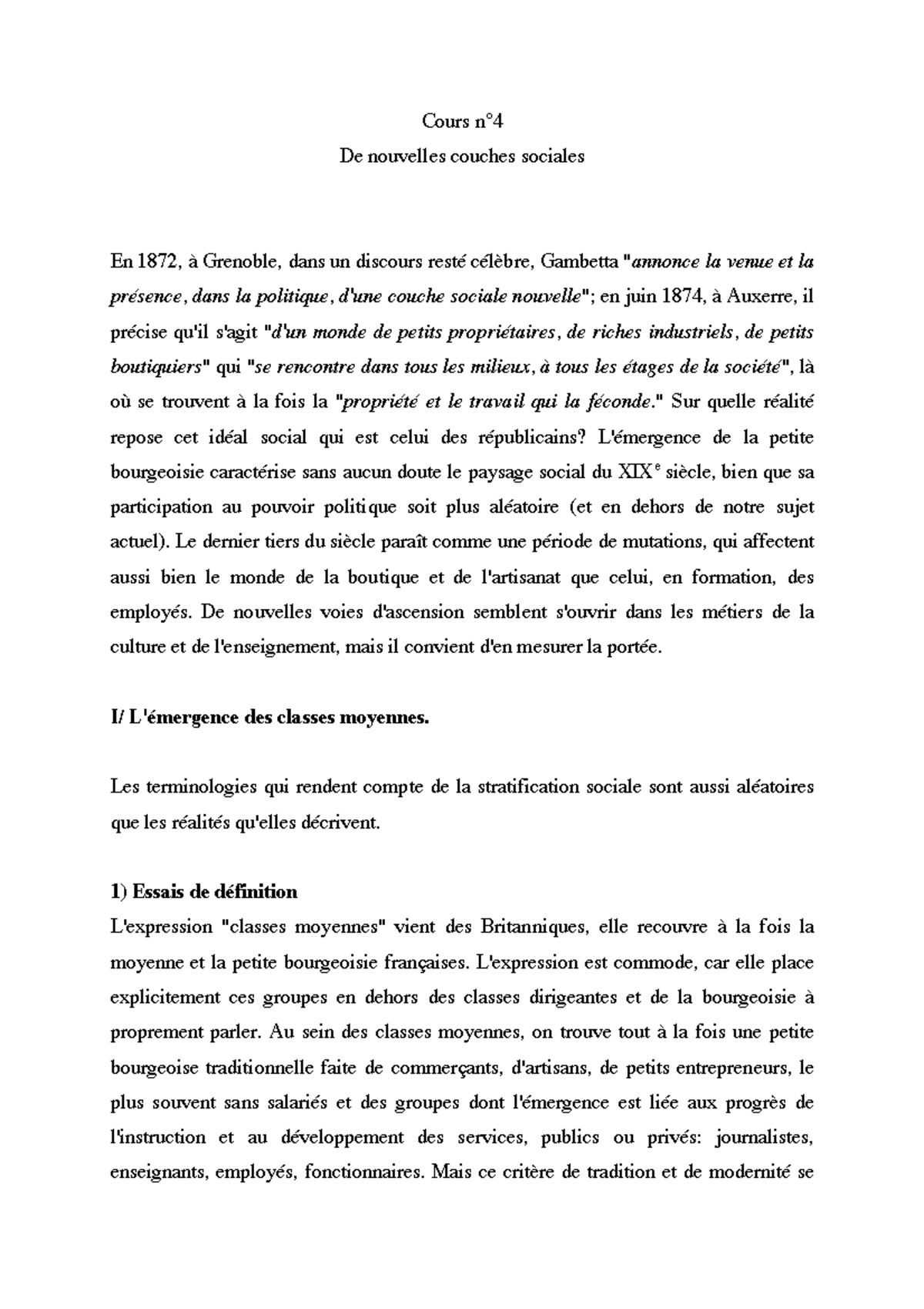 Cours 4 De nouvelles couches sociales Cours n° De nouvelles couches