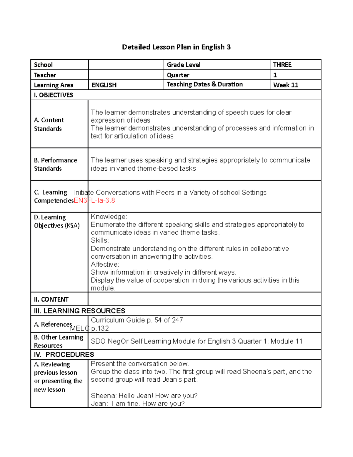 Basic 7 English Lesson Plan