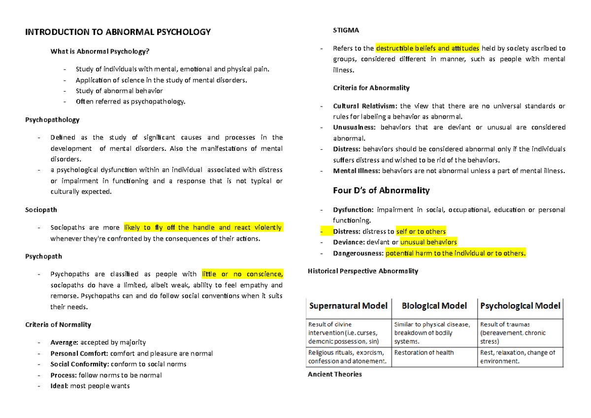 AB Psych Midterm Reviewer - INTRODUCTION TO ABNORMAL PSYCHOLOGY What Is ...