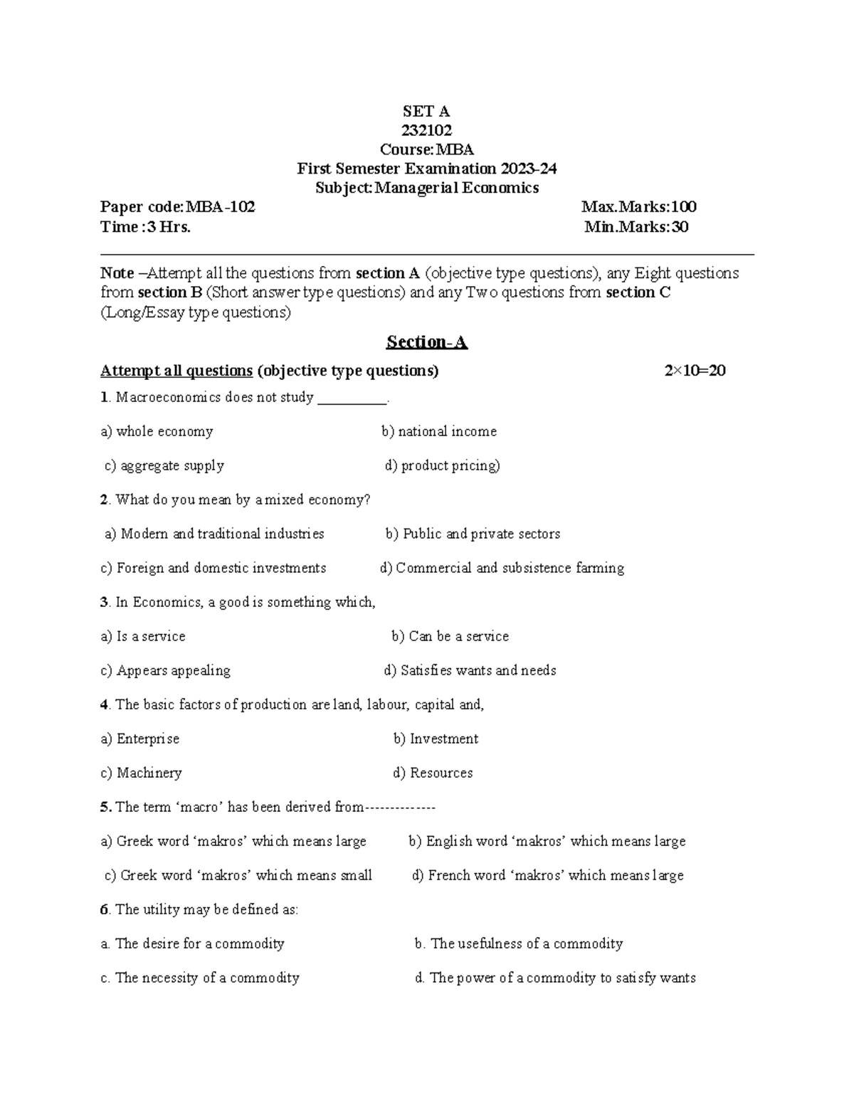 Final MBA First SEM Managerial economics paper - SET A 232102 Course ...